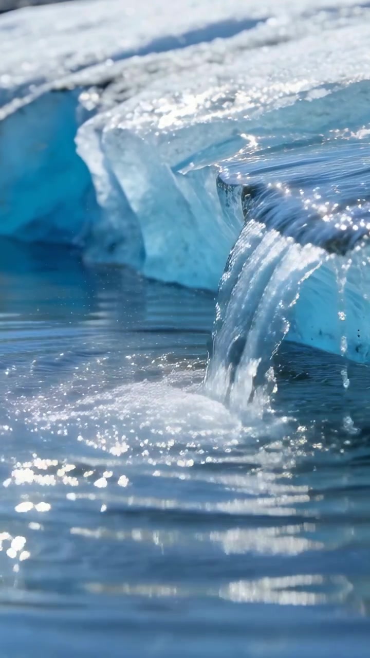 Video Verticale: La Luce Solare Calda Fa Sciogliere il Bordo di Ghiaccio Blu, Rilasciando Acqua di Fusione Scintillante in una Pozza Calma