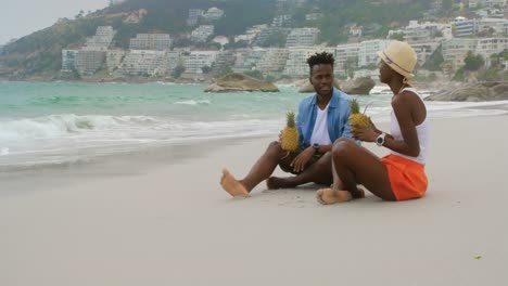 side view of african american couple drinking pineapple juice on the beach 4k