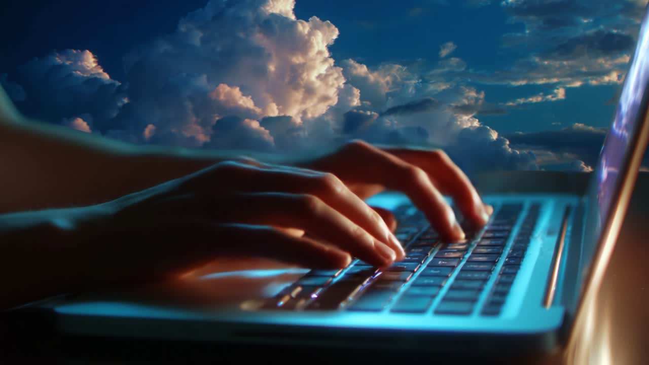 A close-up of hands typing on a laptop keyboard against a dramatic sky filled with clouds at twilight, capturing the essence of productivity and creativity through technology under a beautiful cloudscape