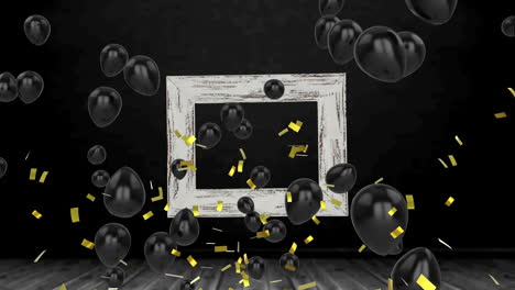 confeti dorado cayendo y múltiples globos negros flotando contra un marco sobre un fondo negro