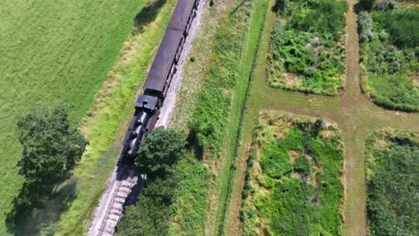 overhead view of a steam locomotive on a railway at martel, lot, france