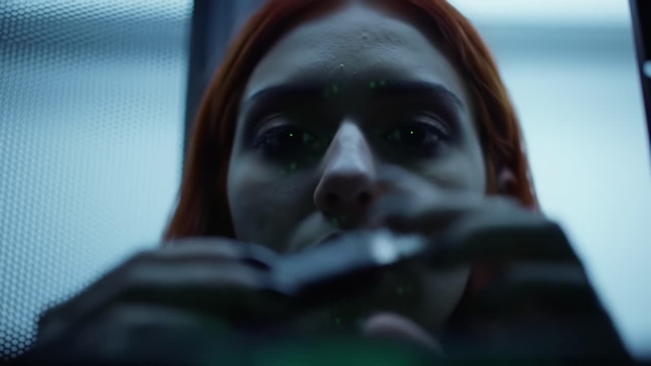 A Contemplative Moment: A Close-Up on a Young Woman with Striking Red Hair and an Intriguing Expression as Light Patterns Dance Across Her Face in a Dimly Lit Environment