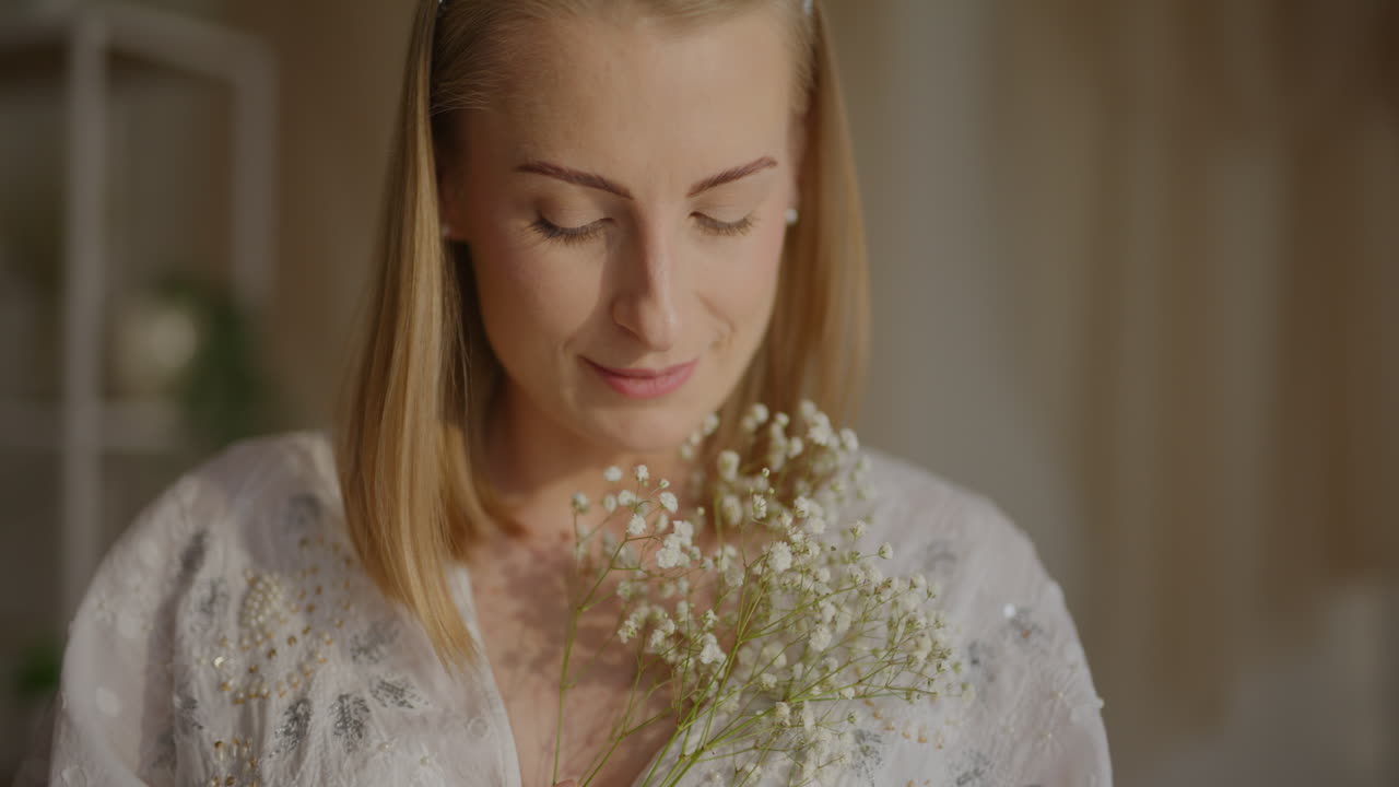 Thoughtful Woman Holding Flowers Portrait