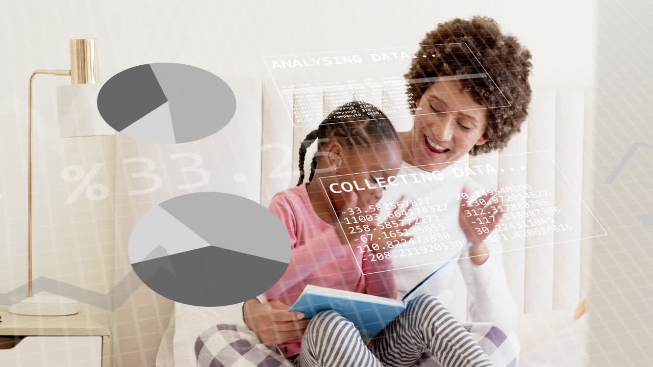 Caregiver leaning in and pointing, teaching child with blue tablet while animating graphs