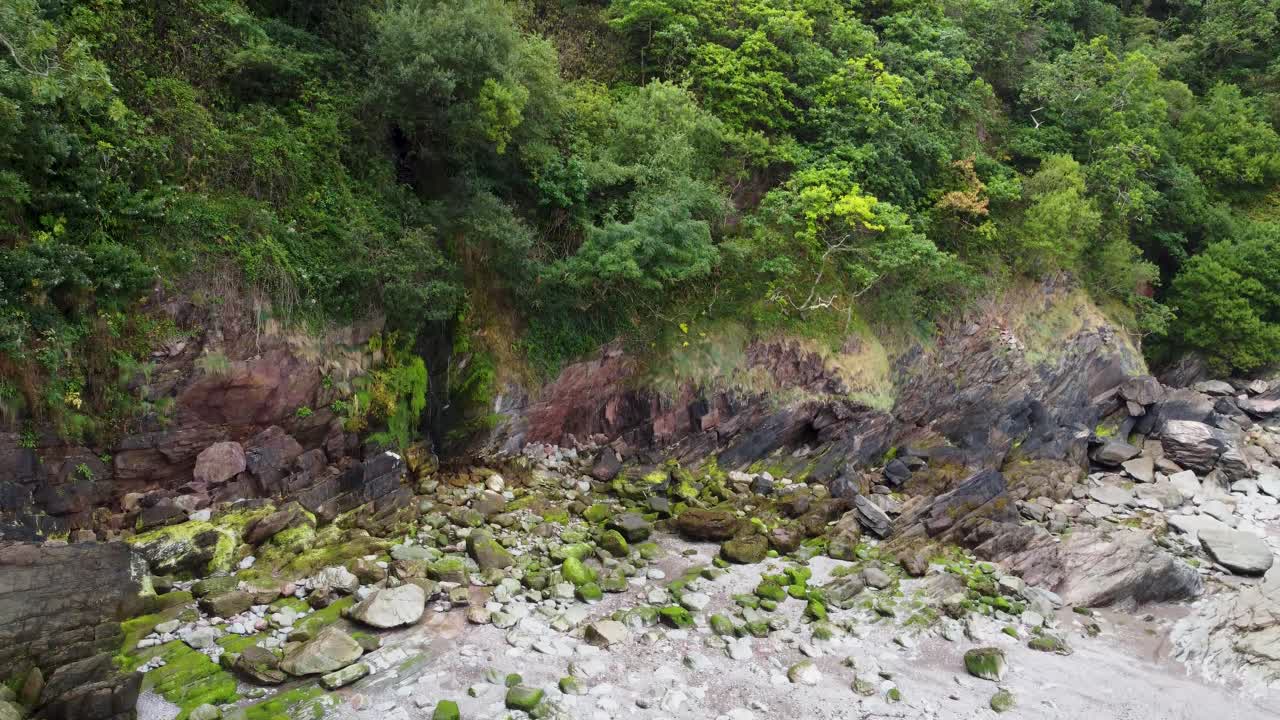toma aérea de drones en aumento de espectaculares acantilados y árboles en la ladera de la montaña woody bay north devon reino unido 4k