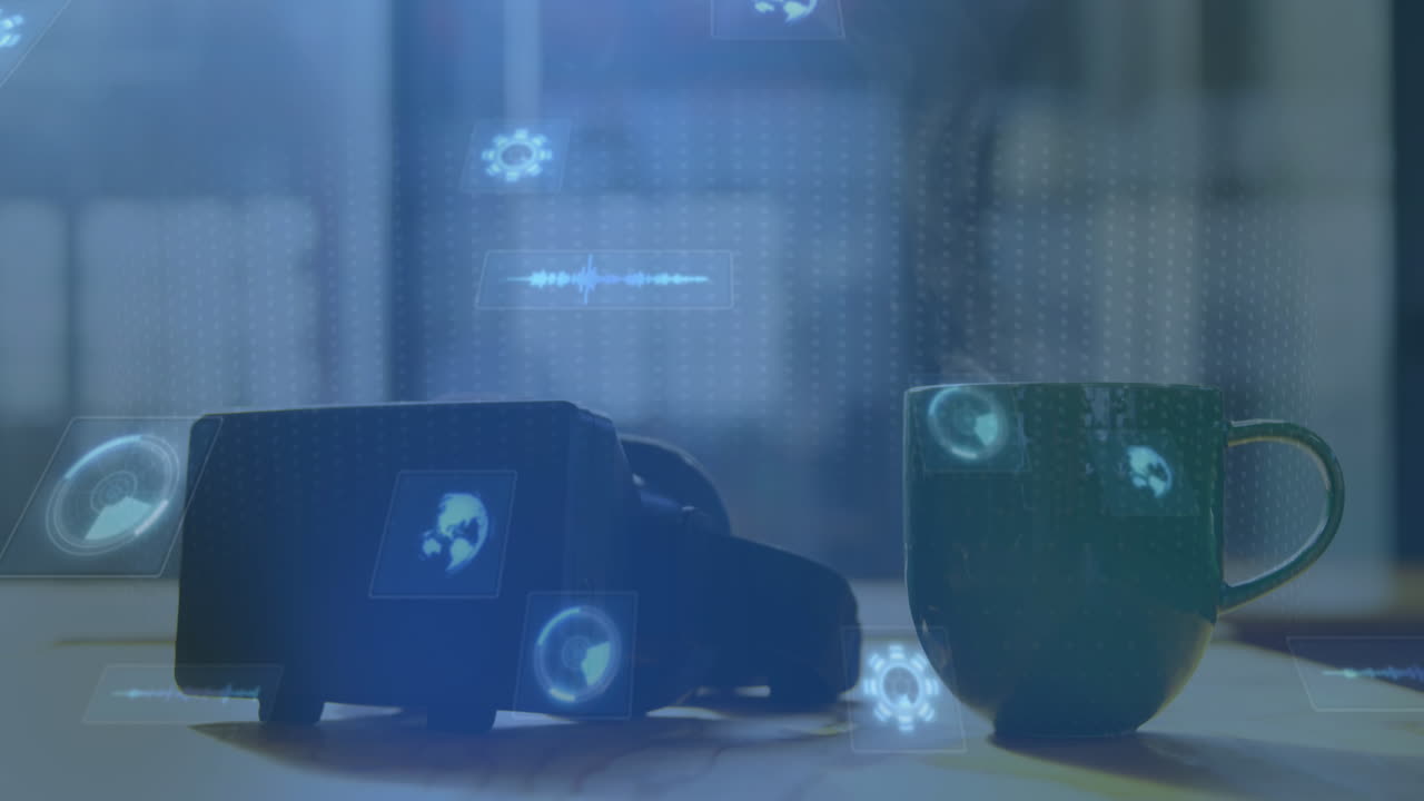 animación de escaneos en pantallas vr auriculares y taza verde de té caliente