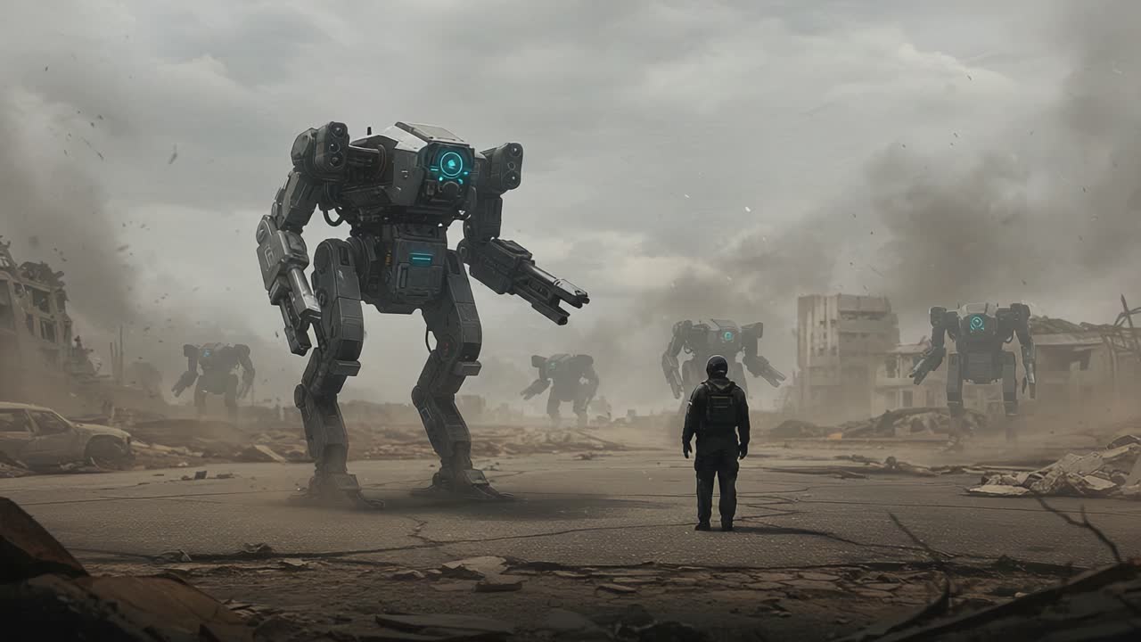 A lone figure stands bravely before formidable robotic giants in a desolate landscape, symbolizing the clash between humanity and advanced technology in a post-apocalyptic world