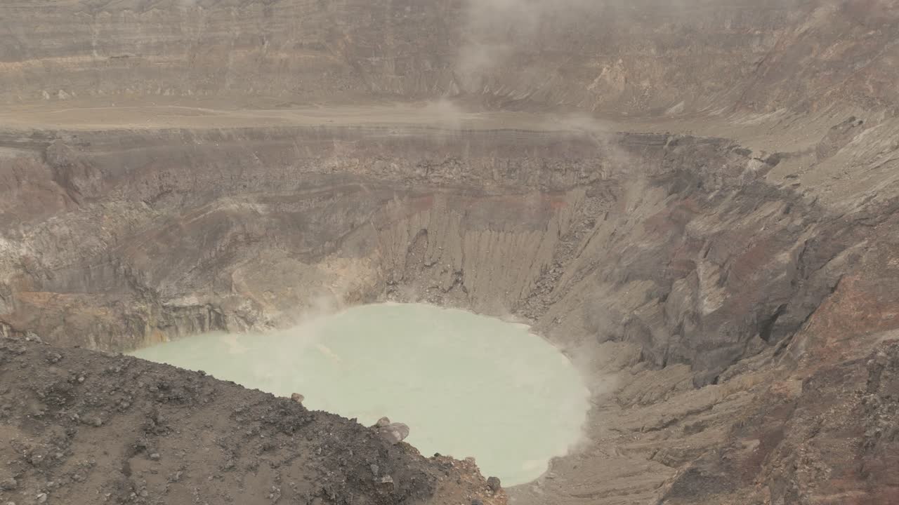Crater lake with steaming vents, rugged terrain, and a barren volcanic landscape