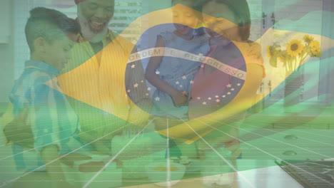 animation of flag of brazil over african american family