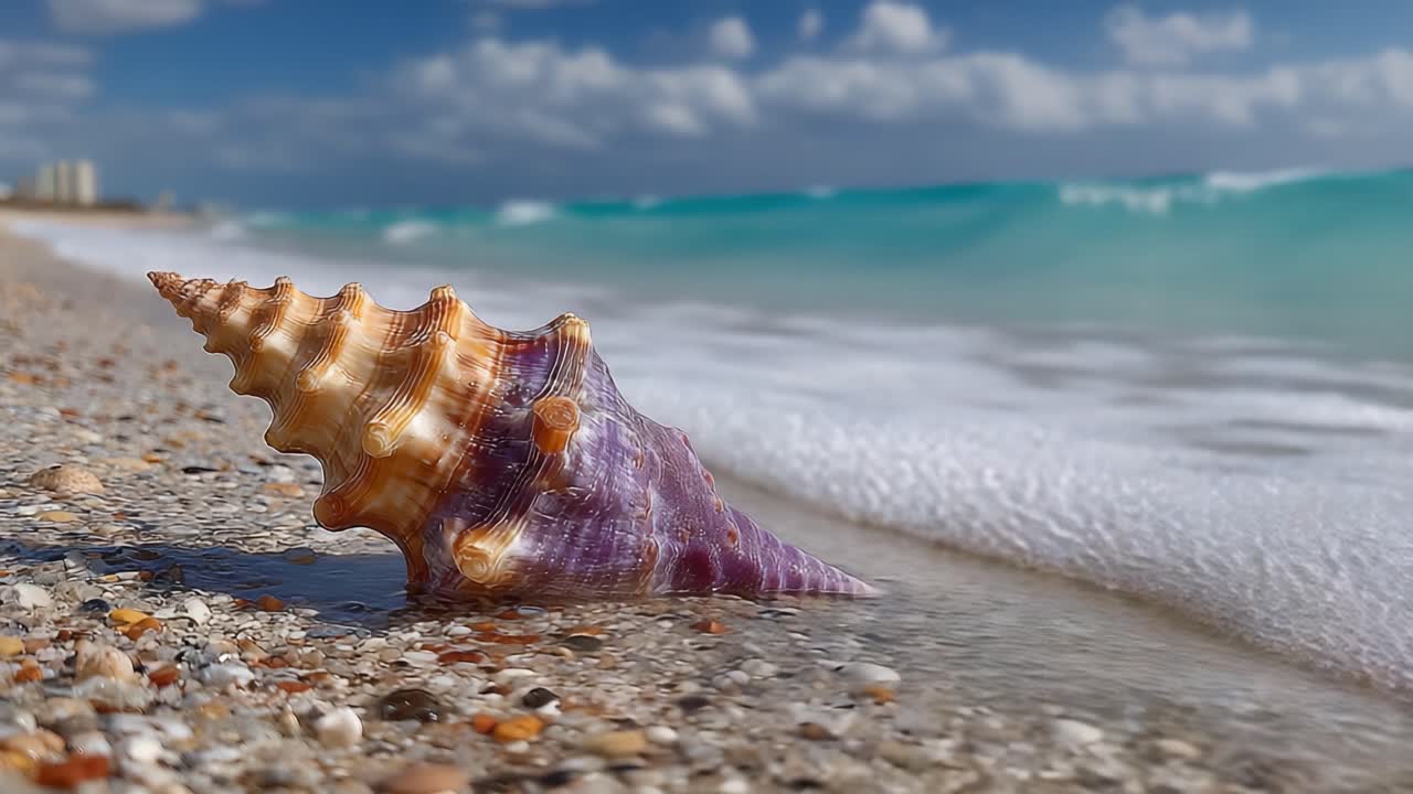 A Vibrant Sea Shell Captured on a Sandy Shore, Surrounded by Gentle Waves and a Beautiful Blue Sky Transformation in the Ocean's Embrace