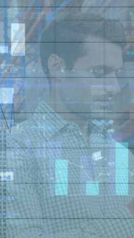 animación del procesamiento de datos sobre el hombre caucásico en el almacén