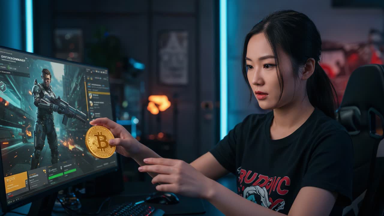 A Focused Gamer Analyzes Performance Metrics and Cryptocurrency Opportunities on Her Gaming Setup, Surrounded by Futuristic Ambiance and Technology