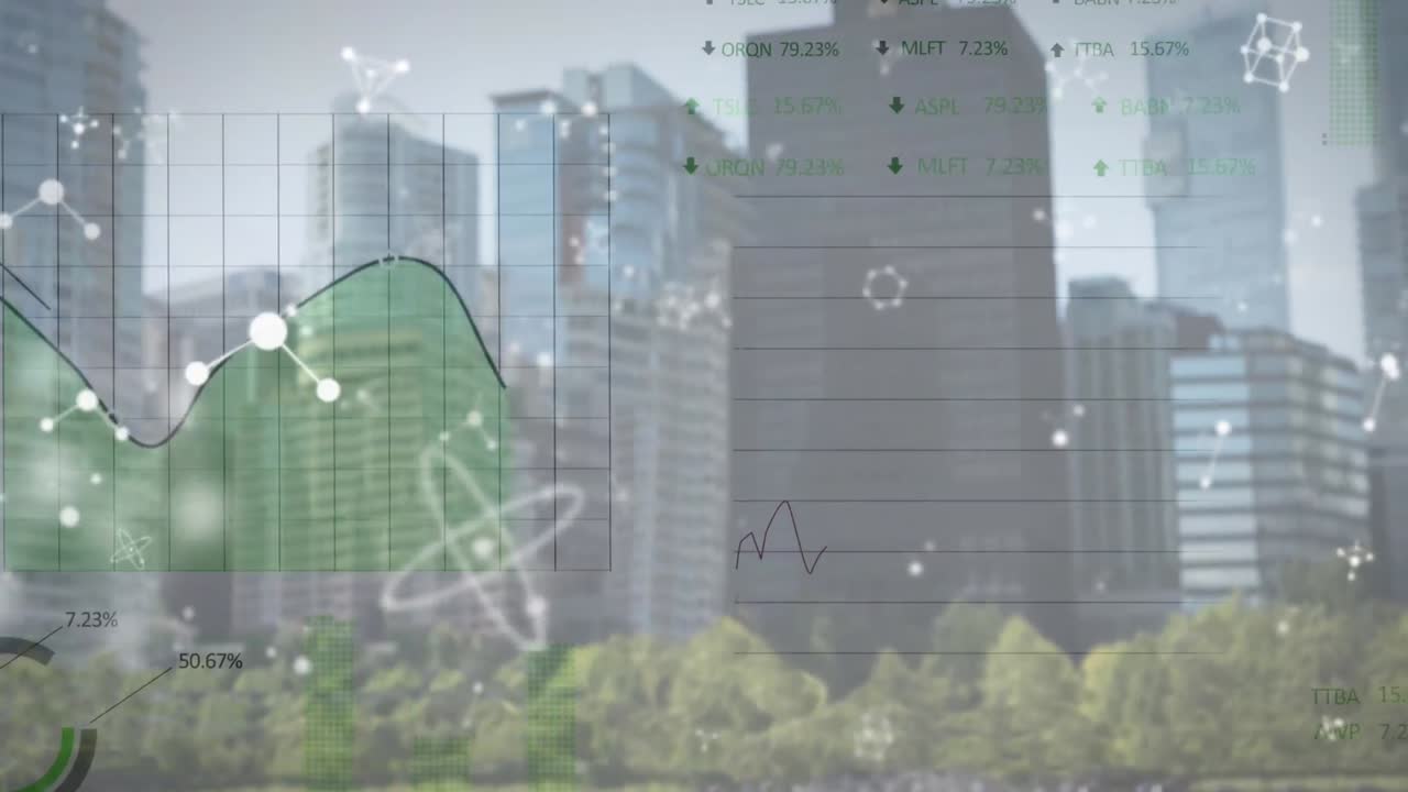 animación del procesamiento de datos financieros sobre el paisaje urbano