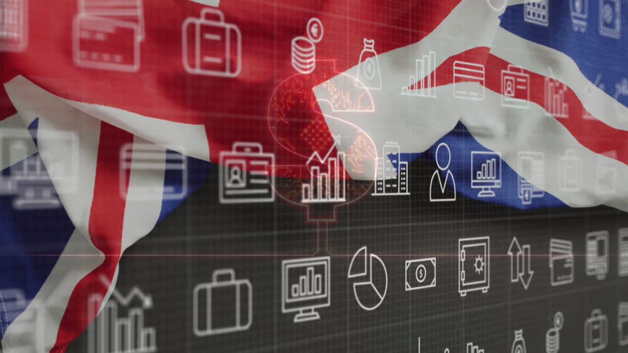 British flag with animation of financial icons overlaying digital technology data
