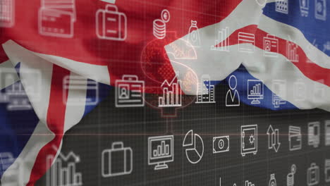 british flag with animation of financial icons overlaying digital technology data