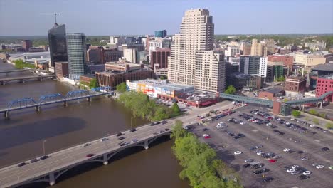 drone shot of grand rapids skyline