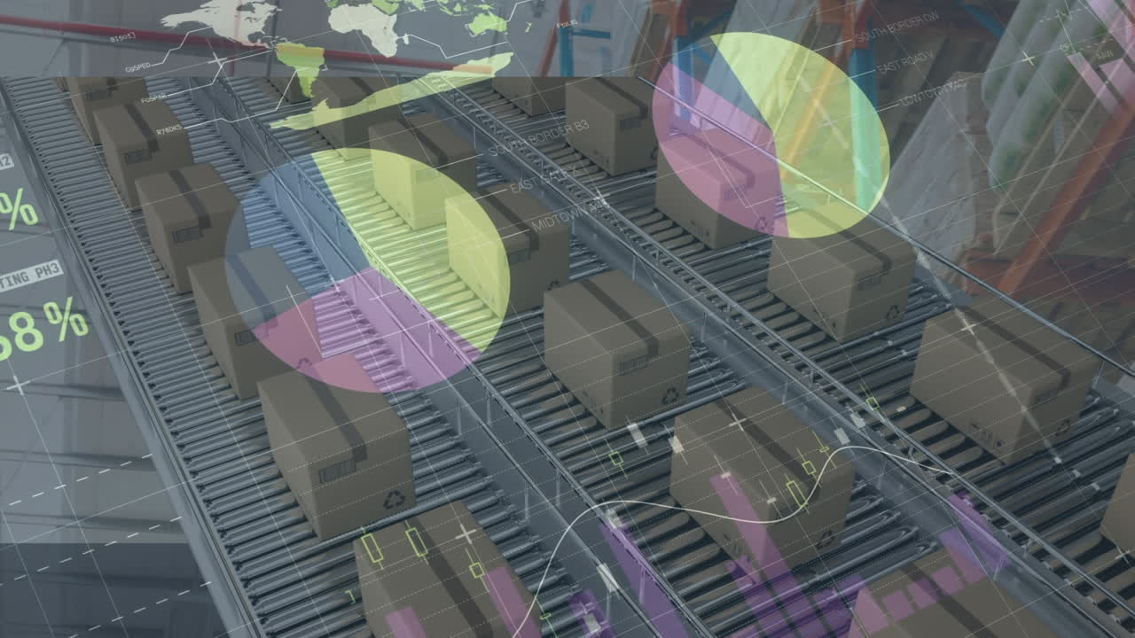 Animation of statistics processing over cardboard boxes on conveyor belts in background