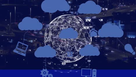 animación de iconos digitales en la nube con globo y red de conexiones