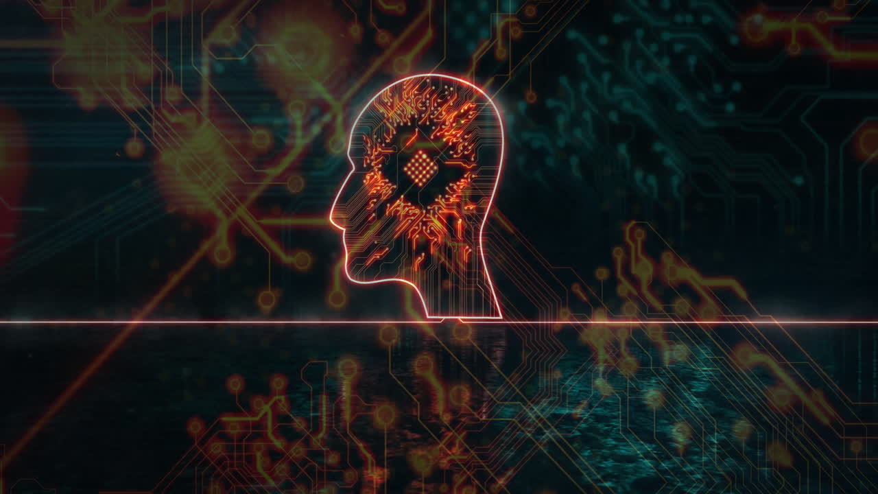 Animation of glowing digital head with circuit patterns over futuristic background