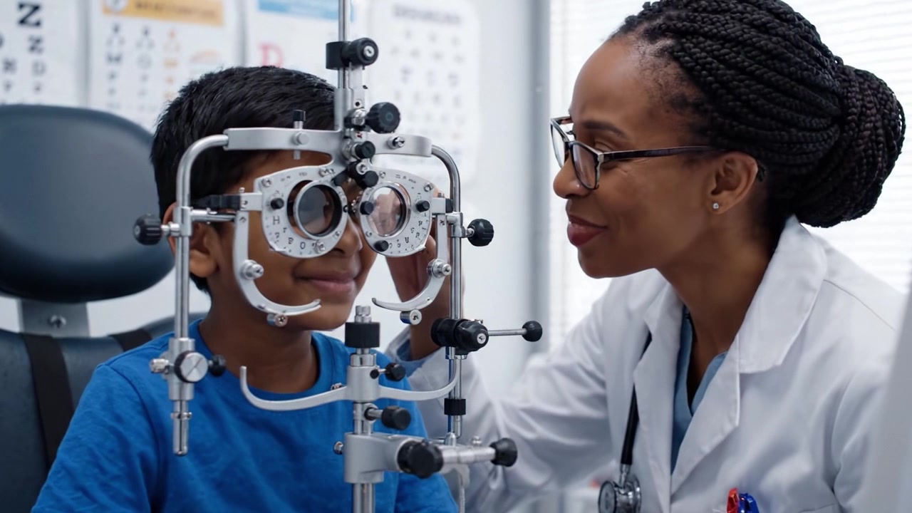 A Pediatric Eye Exam: A Doctor Conducts a Vision Test with Precision Instruments While a Smiling Child Patient Engages in the Interaction