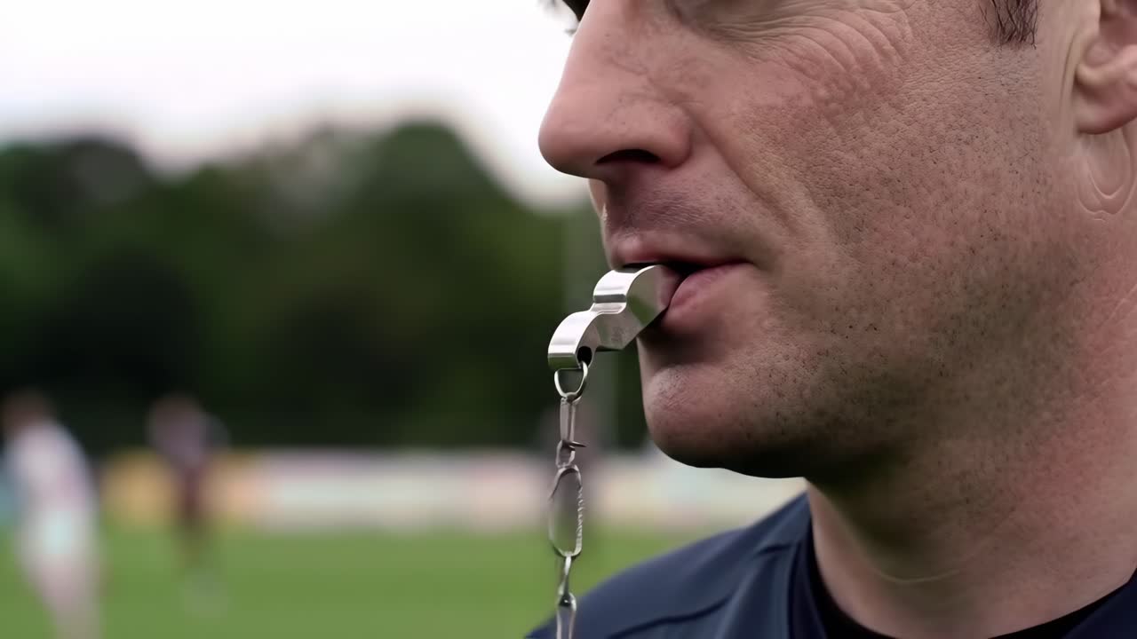Referee blowing whistle multiple times during sporting event, signaling various officiating decisions with authoritative and focused gestures