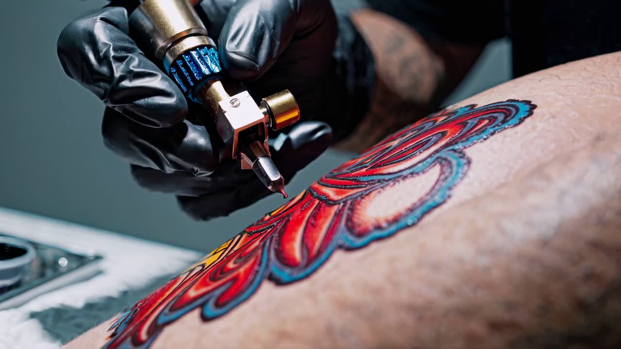 artista del tatuaje trabajando en un diseño de flores en una pierna
