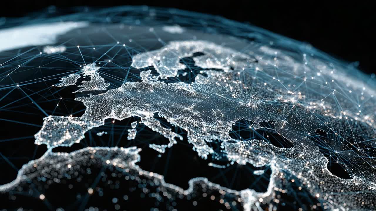 A Stunning Digital Representation of Europe Illuminated by Connectivity and Technology, Showcasing a Network of Light and Data Across the Continent