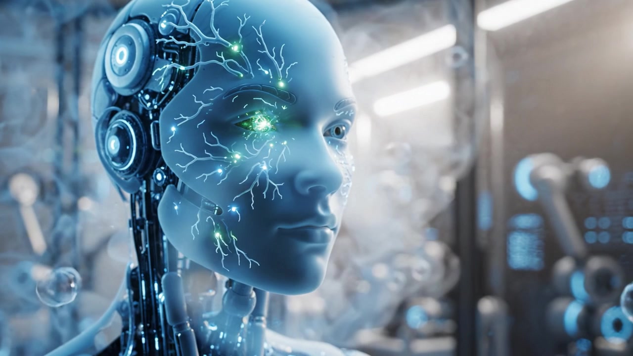 Robot umanoide futuristico con circuiti intricati ed elementi luminosi, che mostra un'intelligenza artificiale avanzata in un ambiente di laboratorio ad alta tecnologia.