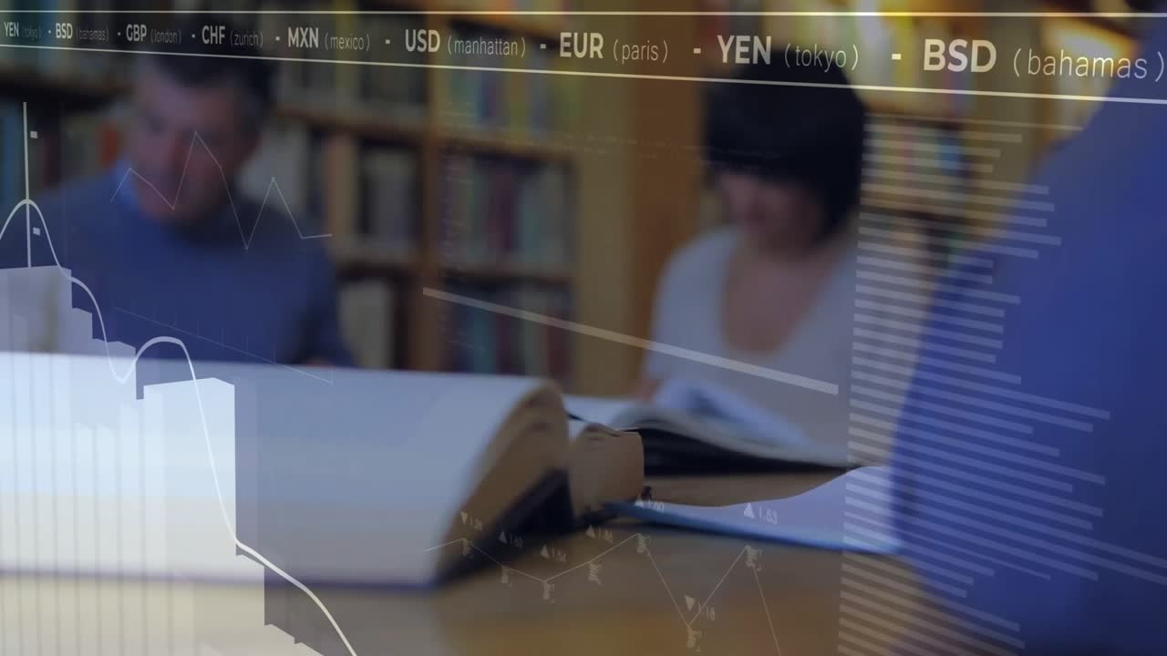 Man turning page and initiating currency overlay tracking finance trends while woman marking notes