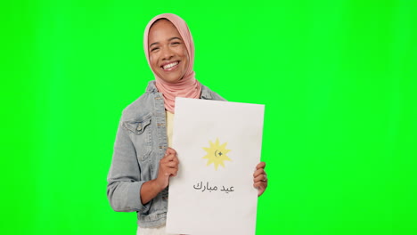 Woman,-muslim-and-face-with-poster-by-green