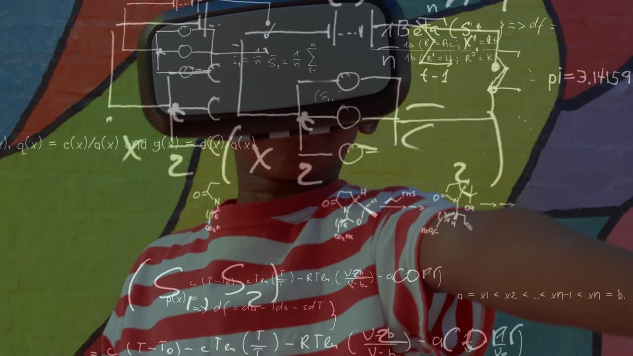 Animation of math formulas over african american boy in vr headset over colorful background