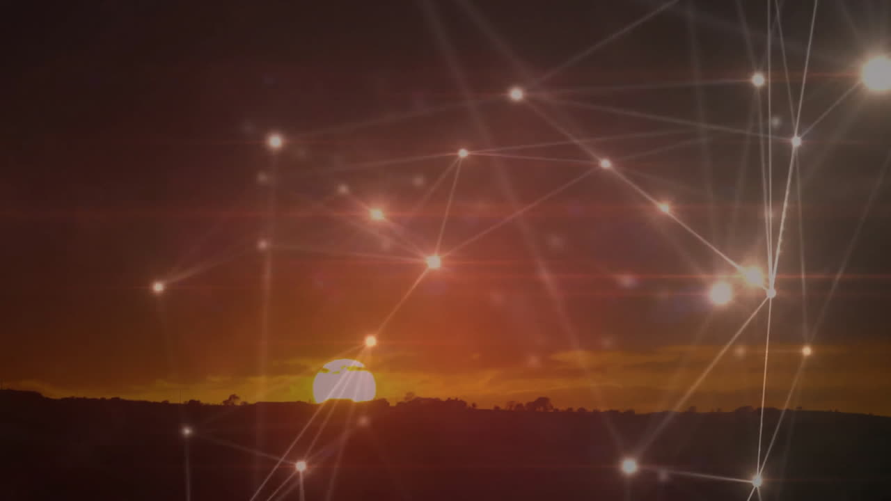 Sunset landscape with glowing network of connections animation over horizon
