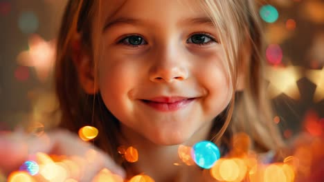 joyful young girl holding twinkling christmas lights, radiating childhood happiness with blurred colorful bokeh illuminating festive background