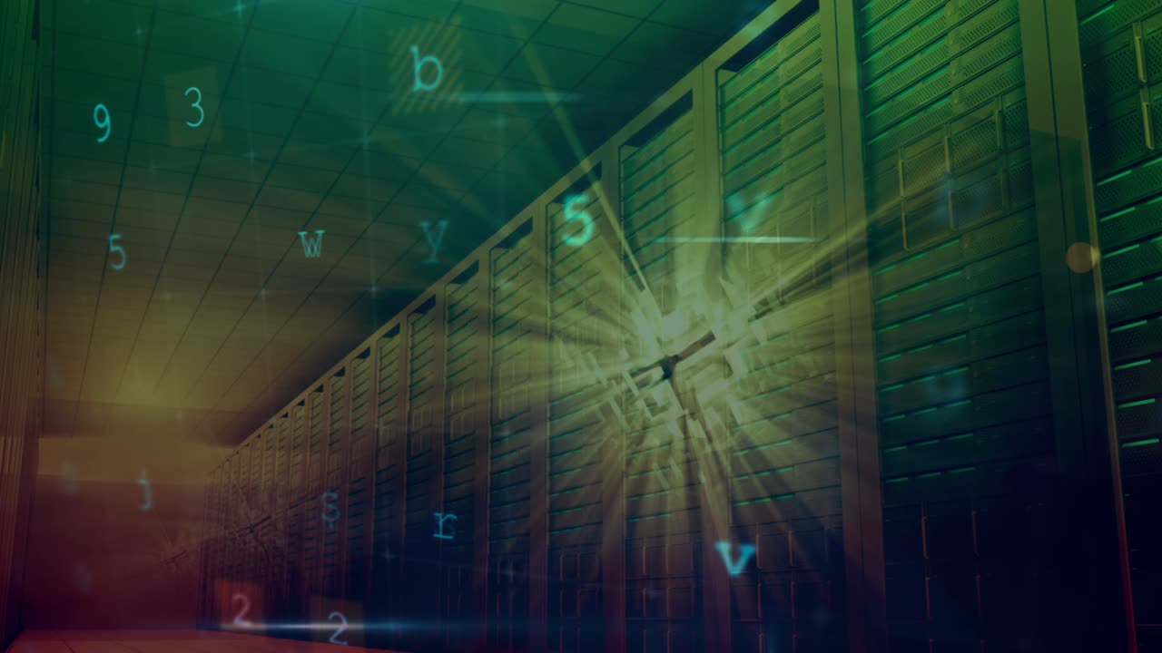 Animation d'une alerte de cyberattaque au-dessus d'une salle de serveurs