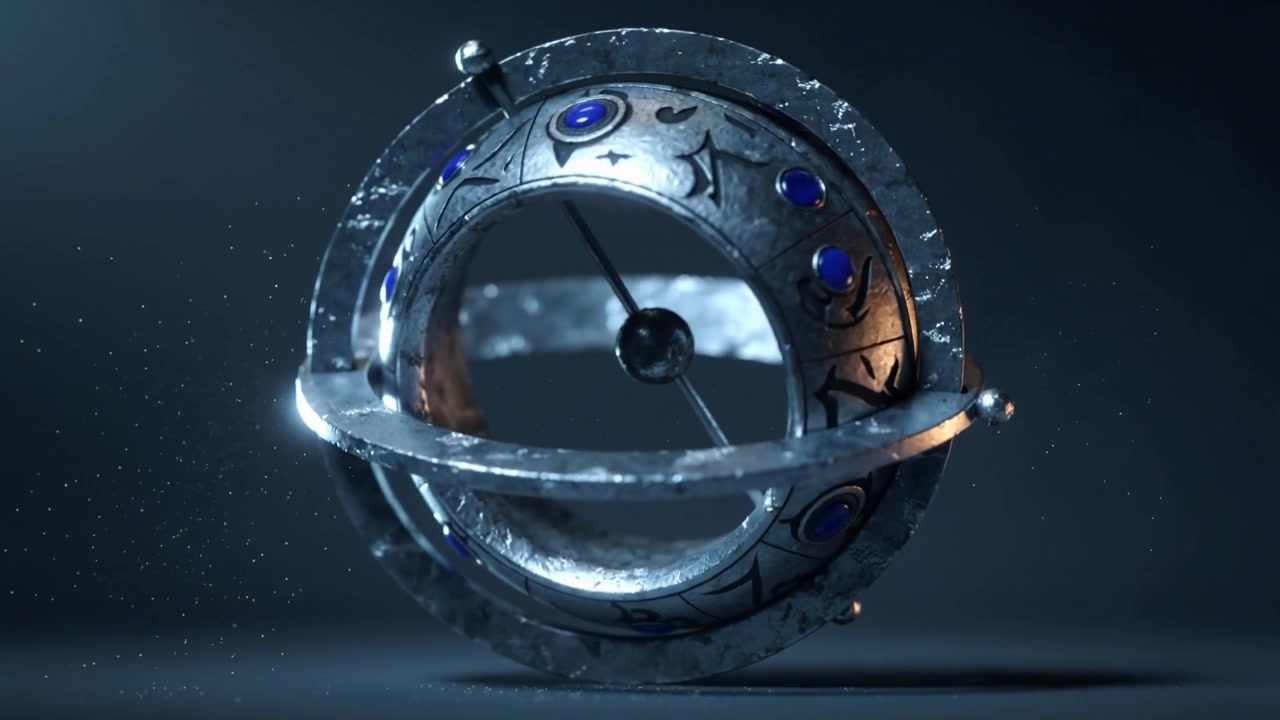 Rotating after motion, metal armillary turning on dim studio, showing runic marks, blue gems, dust