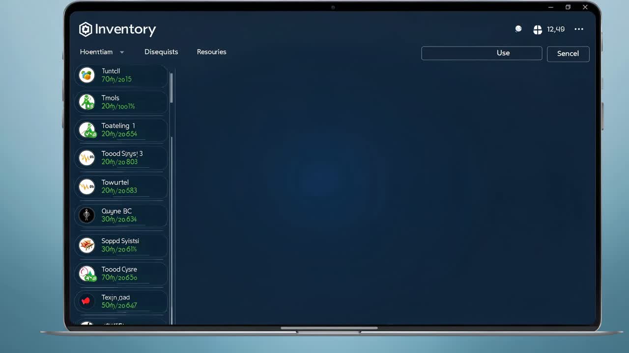 A high-angle shot of a laptop screen displaying a digital inventory interface, resembling a video