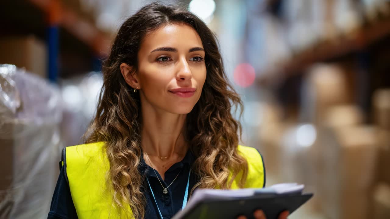 A confident young woman wearing a yellow safety vest stands in a bustling warehouse while holding a clipboard, showcasing her role in managing inventory and ensuring the smooth operation of logistics
