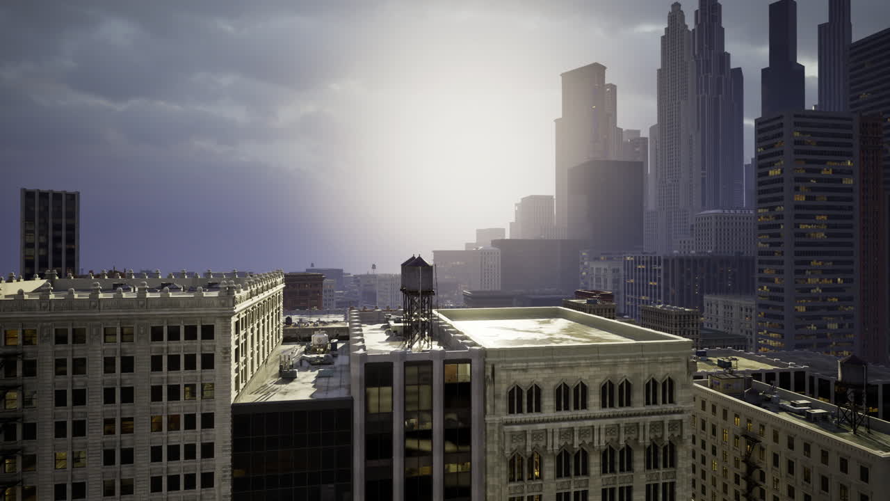 Urban skyline at dusk with dramatic lighting highlighting buildings