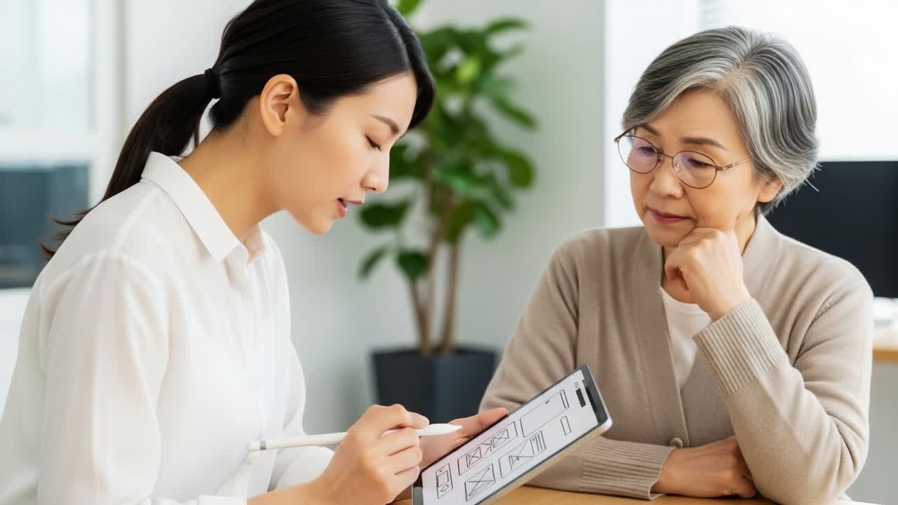 A Young Woman Engages with an Elderly Lady Through a Thoughtful Discussion, Highlighting Communication, Understanding, and Support in a Bright, Cozy Environment with Textural Elements of Technology and Generation Gap
