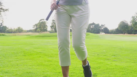 mature couple playing round on golf together with man sitting in buggy