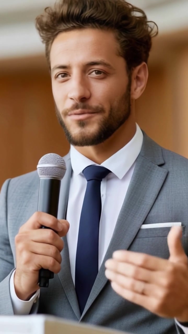 Un oratore sicuro di sé che coinvolge il pubblico con carisma e professionalità, dimostrando eloquenza a un evento pubblico con un microfono in mano.