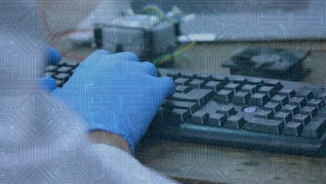 animación de una placa de circuito de computadora sobre un científico con guantes usando el teclado de la computadora