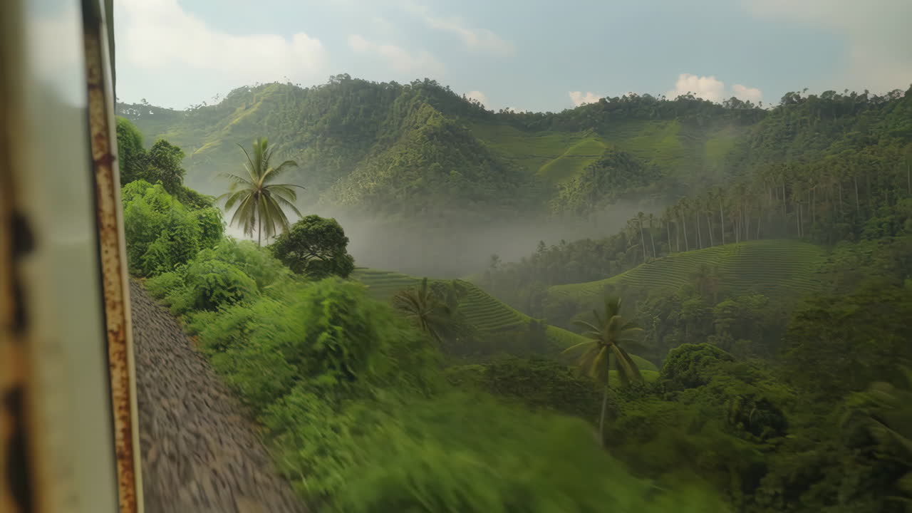 Scenic Train Journey Through Lush Green Mountains and Tea Plantations