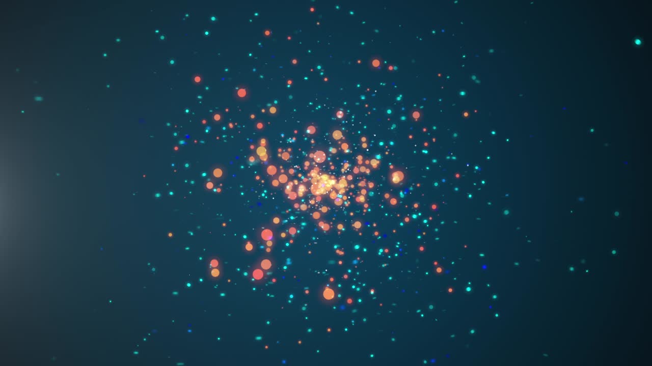 Dark space with swirl of blue dust slowly occupied by orange bokeh particles.