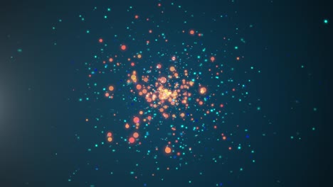 espacio oscuro con un remolino de polvo azul ocupado lentamente por partículas de bokeh naranja.