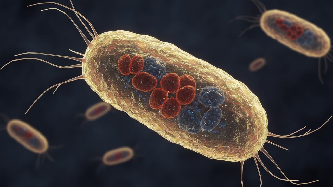 Detailed Visualization of Bacterial Cell Structure and Function, Showcasing Intricate Organelles and Cellular Components in a Microscopic Environment