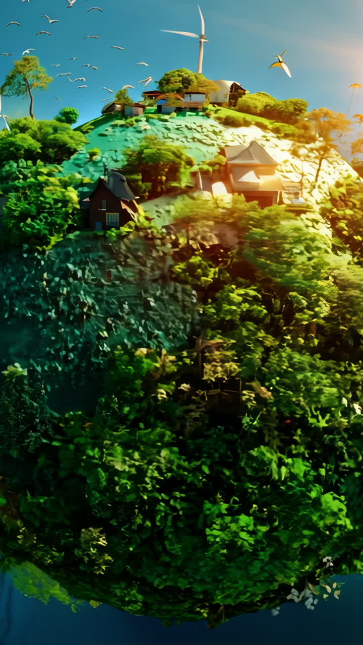 A small planet with a house on it and a lot of trees. The house is surrounded by a lot of greenery