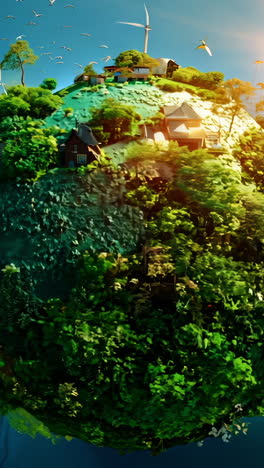 a small planet with a house on it and a lot of trees. the house is surrounded by a lot of greenery