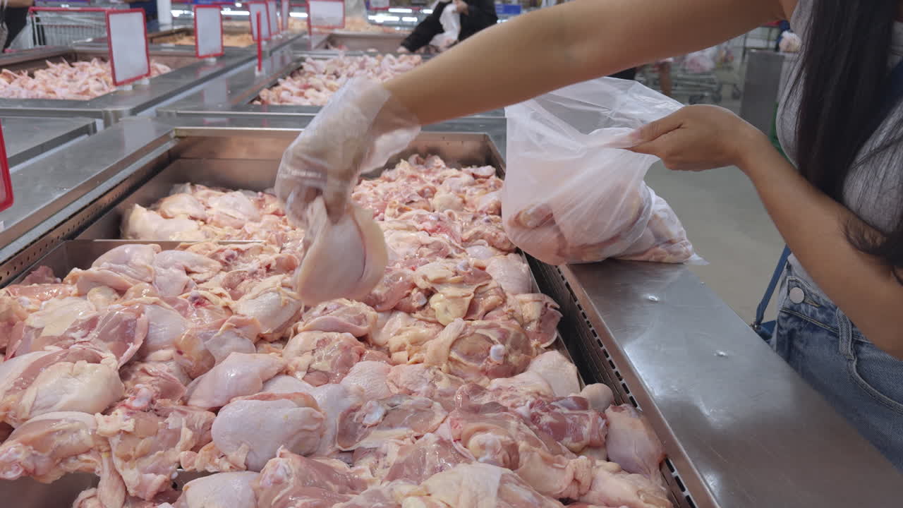 Close up of woman selecting raw chicken thighs at supermarket meat counter and placing them into plastic bag. Grocery shopping and fresh poultry concept