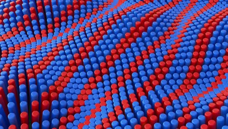 abstract blue red lines background with cylinders. ceramic round tiles. geometry pattern. random cells. polygonal glossy surface. futuristic abstraction. seamless loop 3d animation of 4k